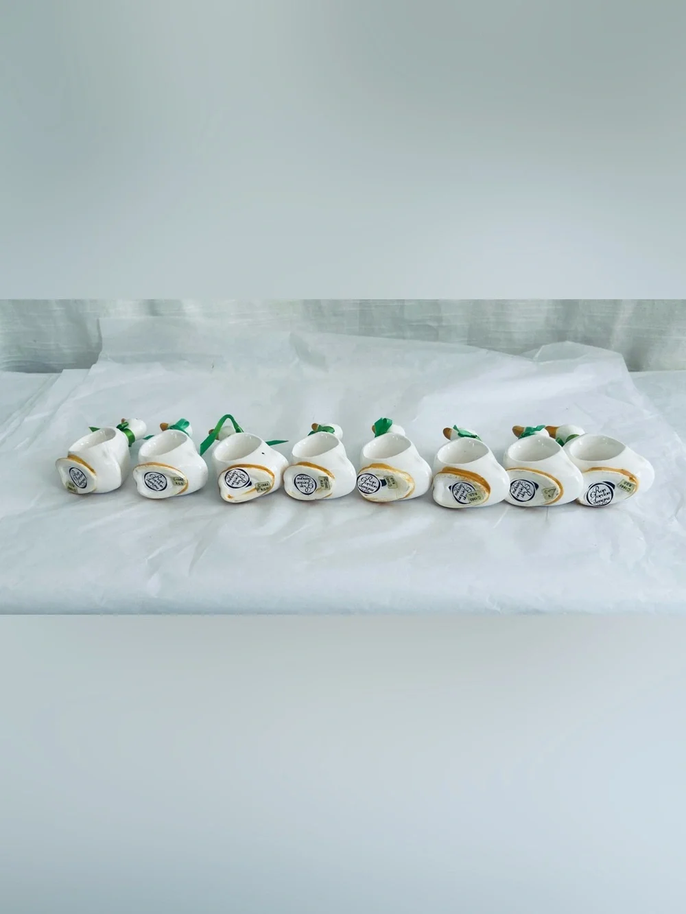 Vintage 1983 R, Gavalon Collectible Ceramic Duck Napkin Rings with Green Bows